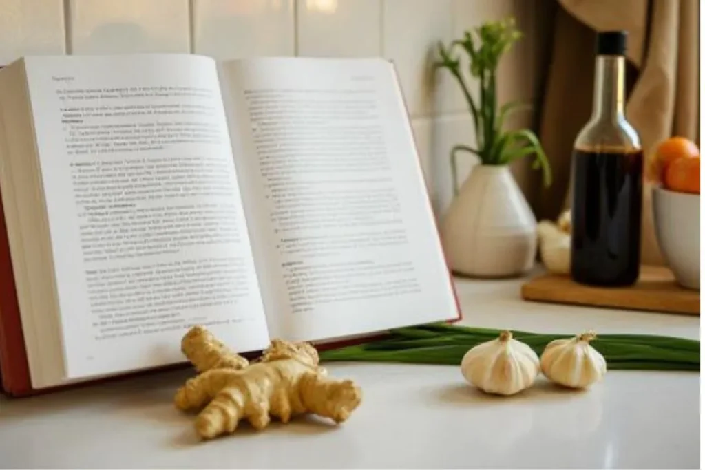 "Cookbook for learning healthy Chinese recipes surrounded by fresh ingredients in the kitchen"
