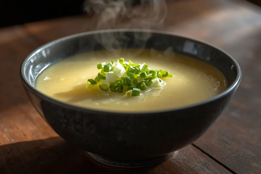 Bowl of egg drop soup, a light and simple option among healthy Chinese recipes"