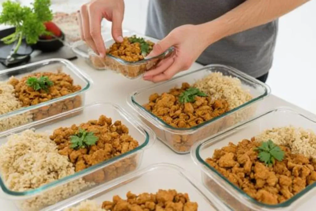 Meal prep containers filled with healthy Chinese recipes like cauliflower rice and stir-fried chicken"