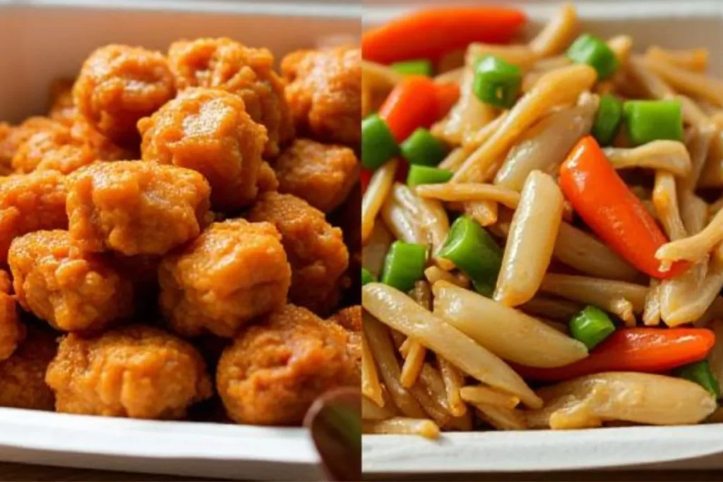 Comparison between greasy takeout and fresh healthy Chinese recipes made at home"