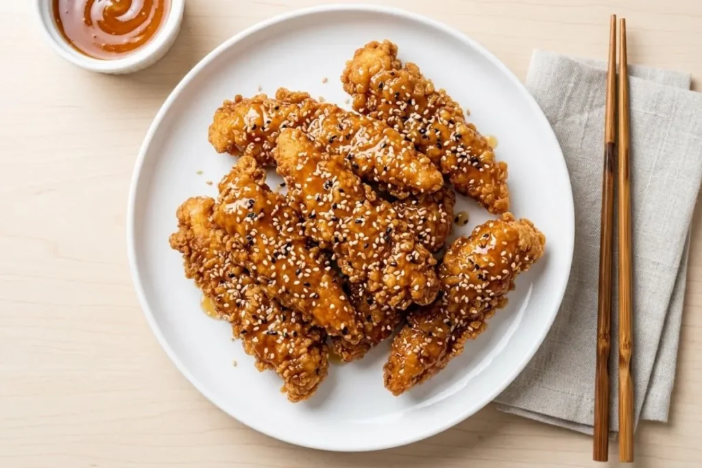 Honey sesame glazed homemade Chinese chicken fingers recipe"