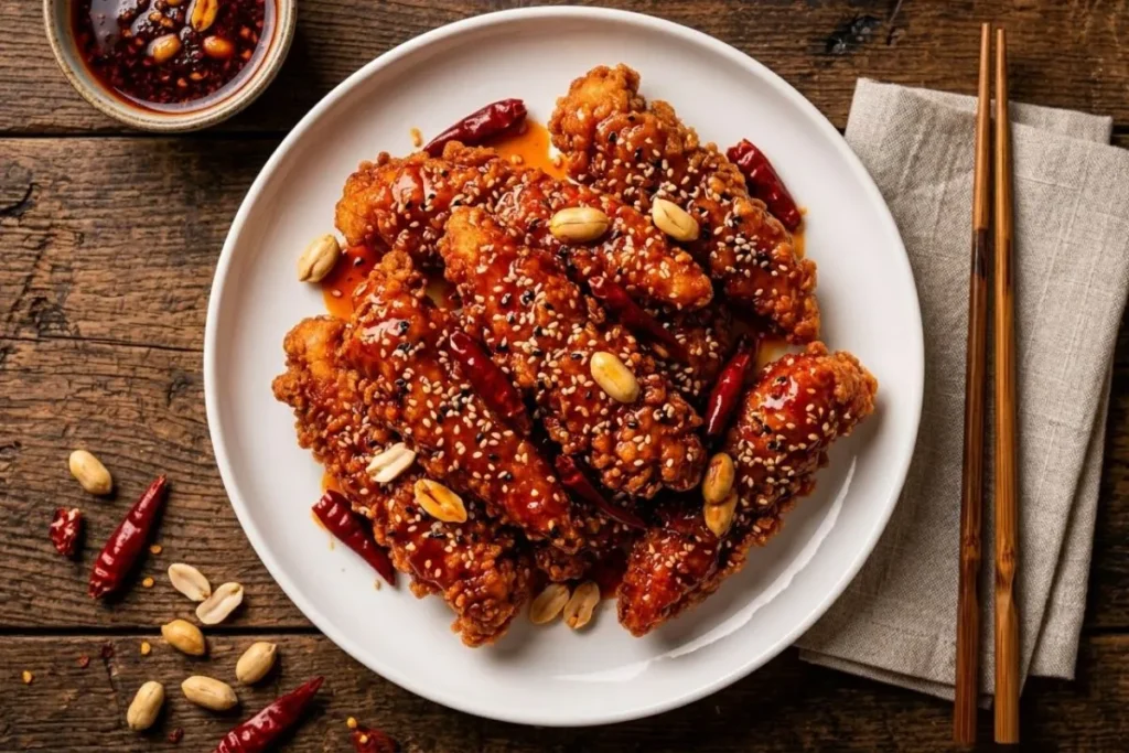Spicy Szechuan chicken fingers with chili oil and peanuts"