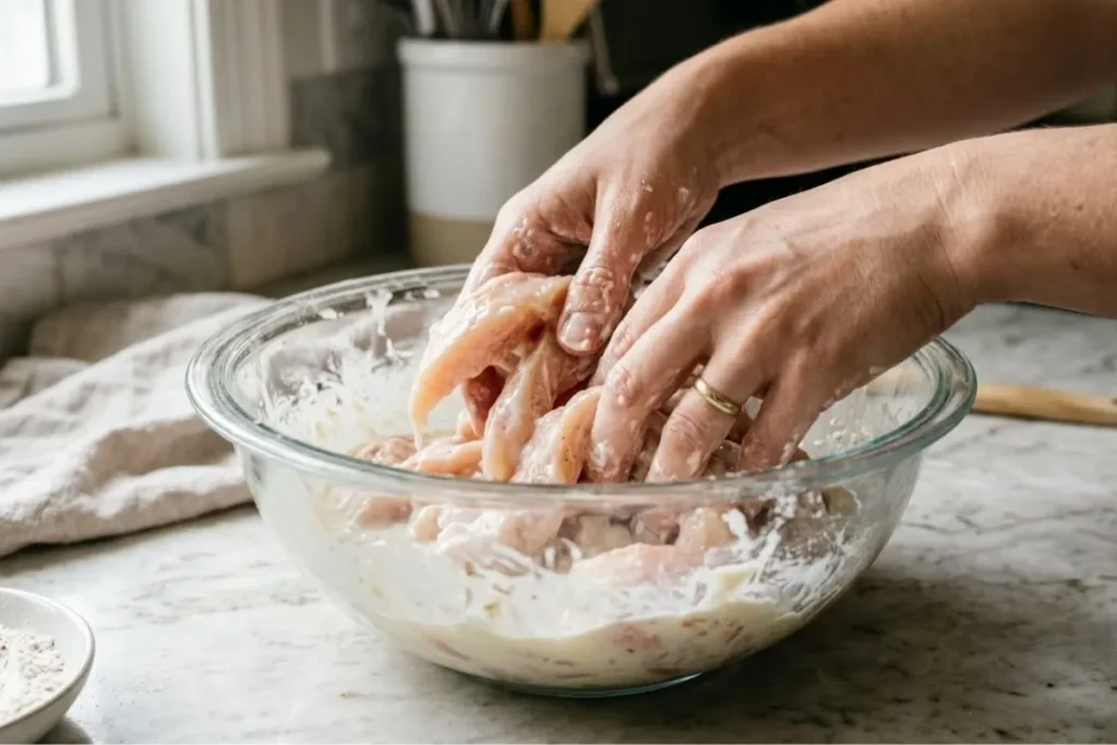 Velveting chicken strips before frying for tender Chinese chicken fingers"