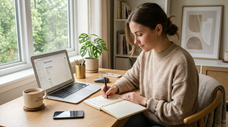 simple lifestyle hacks for busy people workspace setup with laptop and notebook