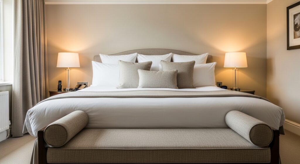 cozy bedroom decor ideas with luxury hotel style bedding and warm lighting