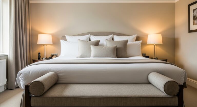 cozy bedroom decor ideas with luxury hotel style bedding and warm lighting