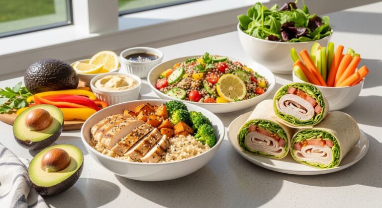 healthy lunch ideas with chicken bowl wrap salad and fresh vegetables