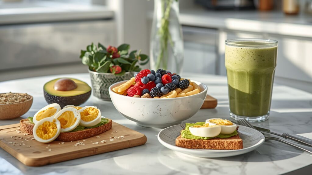 high protein breakfast ideas with eggs yogurt avocado toast and smoothie