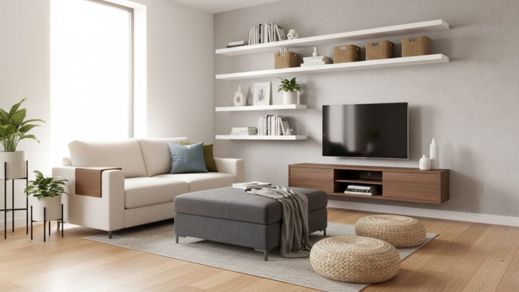 small apartment storage ideas with shelves baskets and organized living room