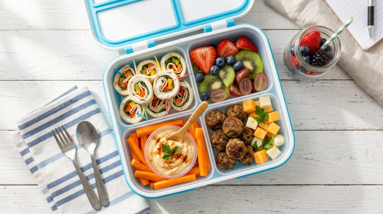 25 school lunch ideas kids will actually eat - colorful bento lunchbox with healthy food