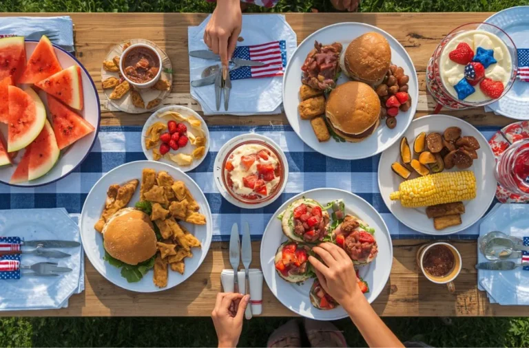4th of July Party Food spread on a picnic table with snacks and desserts