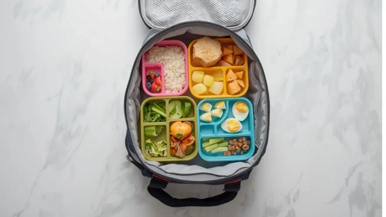 best meal prep containers for lunch bags arranged with healthy food on marble surface