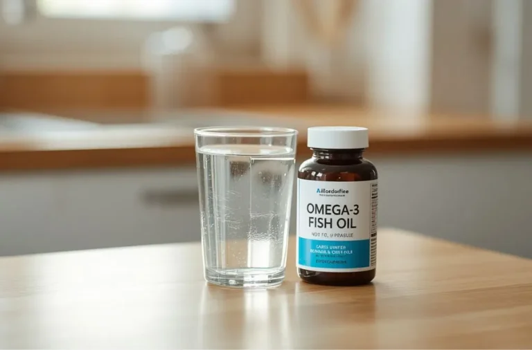 "Your omega-3 supplement bottle on a kitchen counter with capsules and a glass of water"