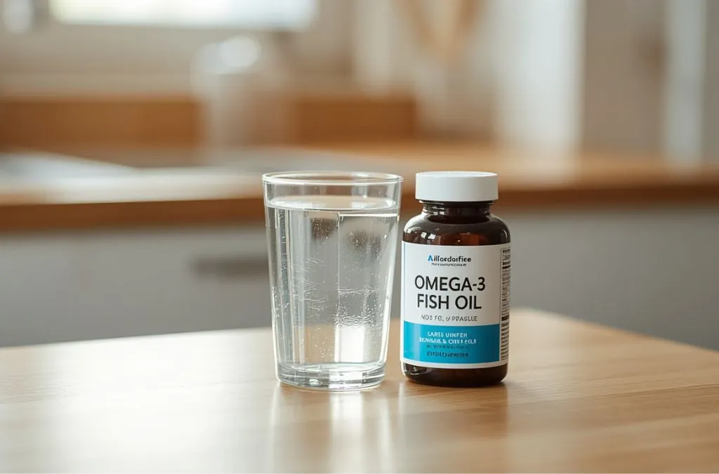 "Your omega-3 supplement bottle on a kitchen counter with capsules and a glass of water"