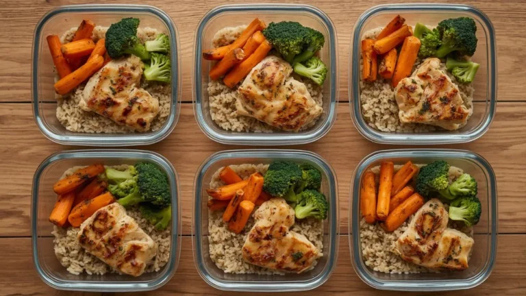 Healthy meal prep ideas for weight loss on a budget shown in glass containers with chicken, rice and vegetables