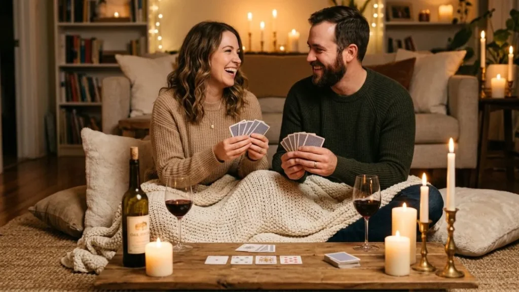 At-Home Date Night Ideas for married couples playing games by candlelight