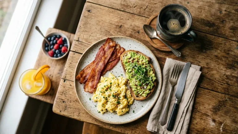 Delicious breakfast recipes with turkey bacon served on a wooden table