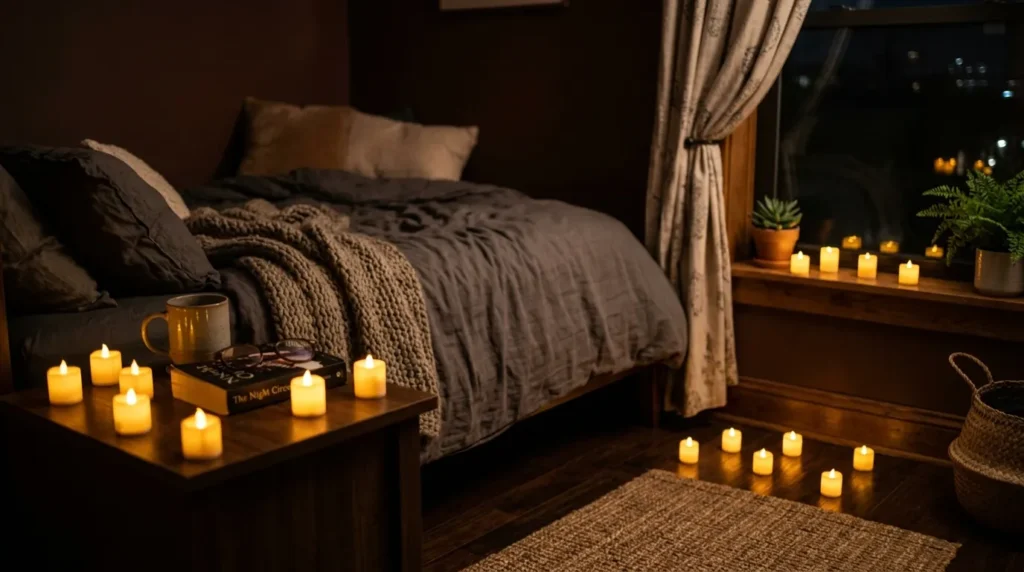 Dreamy Romantic Aesthetic Pics bedroom decorated with flickering flameless candles