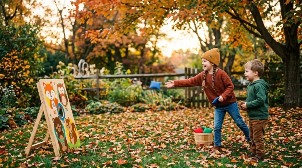 Kids playing an outdoor bean bag toss game as one of the best fall activities for kids