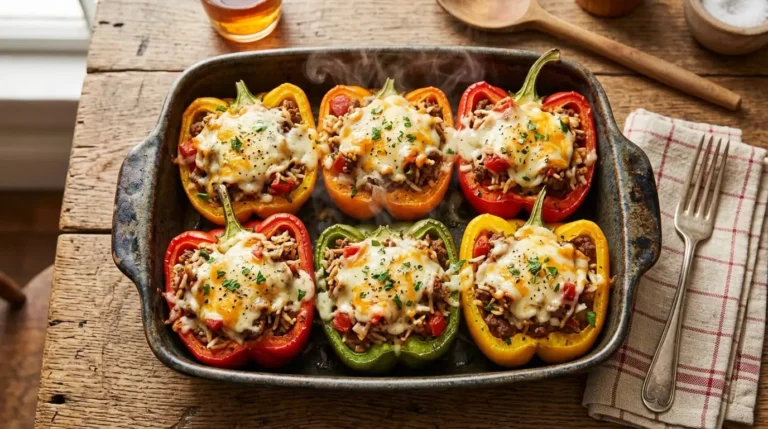 Ground beef stuffed peppers recipe served fresh out of the oven