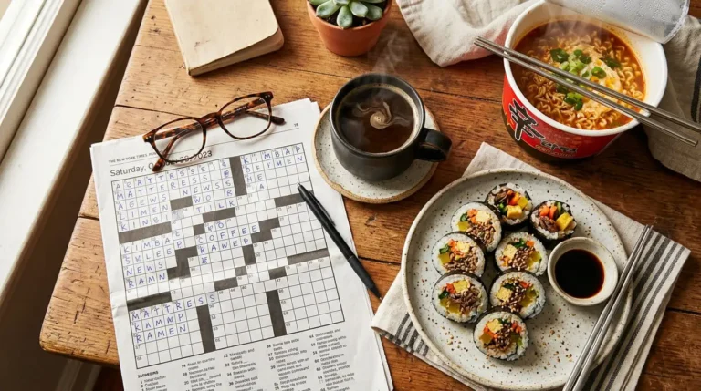 NYT crossword puzzle with kimbap and spicy ramen, illustrating the Korean dish similar to sushi clue"