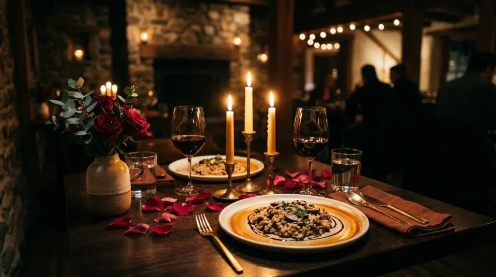 Romantic dinner setup with candlelit table and stoneware plates