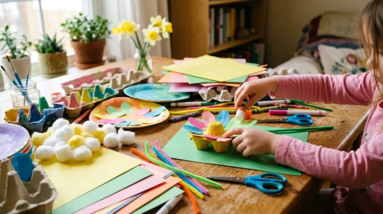 Spring crafts for kids made with paper plates, egg cartons, and cotton balls