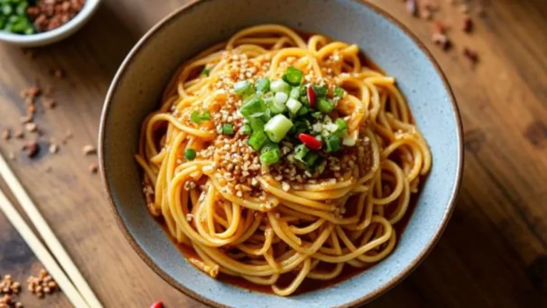 Bowl of homemade Chinese noodle recipes topped with garlic and scallions
